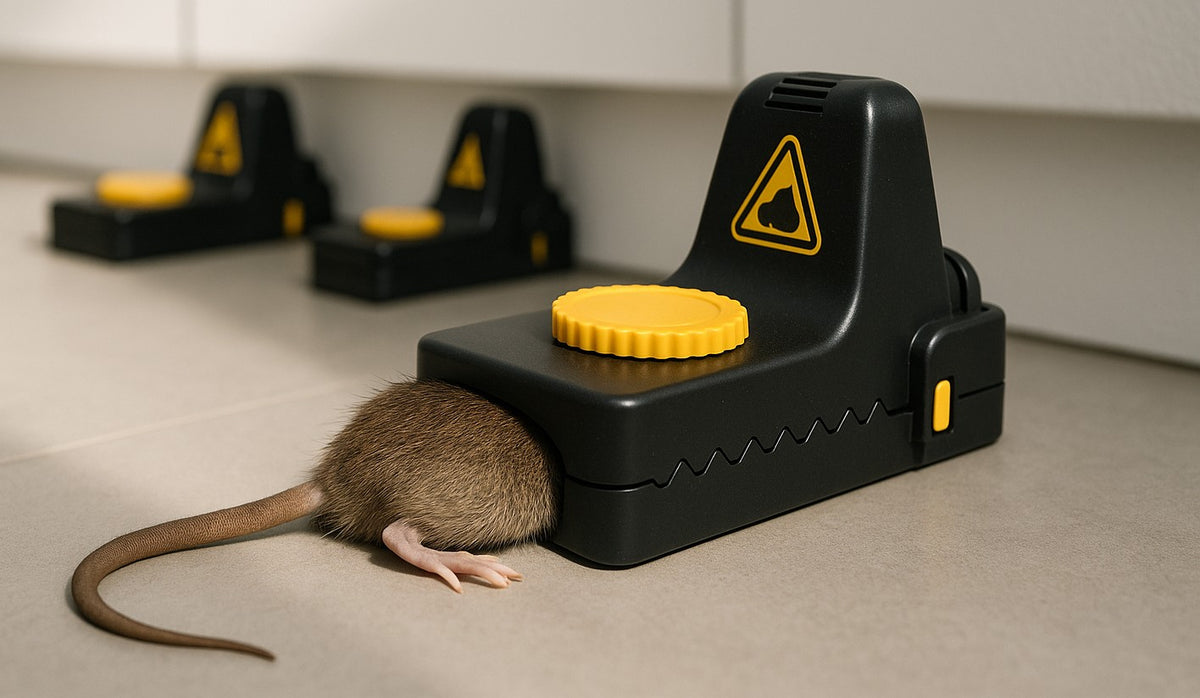 Jovia trap snapped shut on a rat, more traps set along the kitchen wall