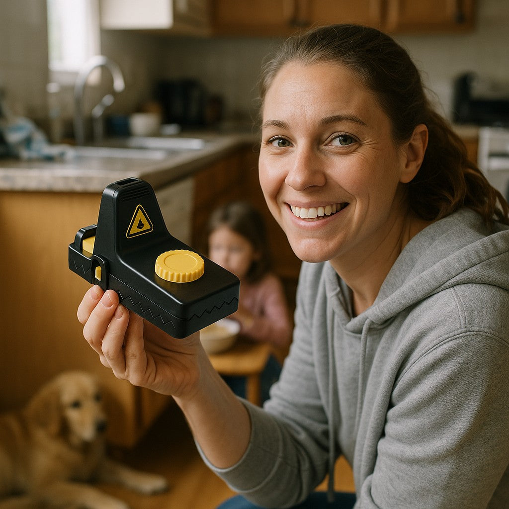 Smiling mother holding a Jovia covered trap in her kitchen, her daughter and dog behind her