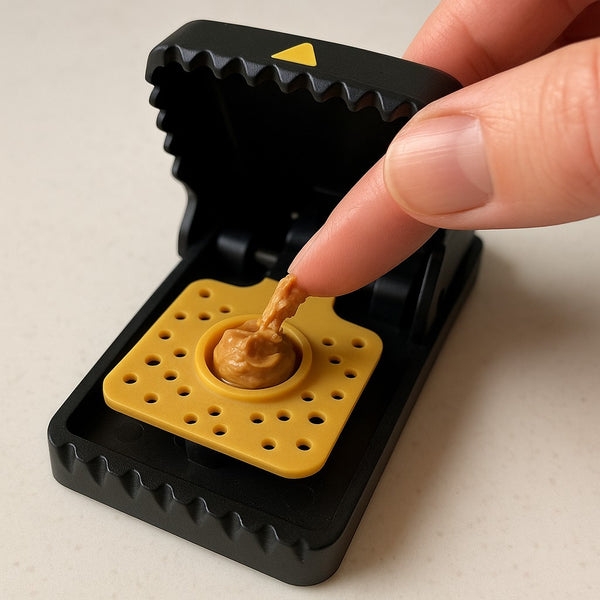 Pressing peanut butter into the bait cup inside the yellow trigger plate of an open Jovia trap