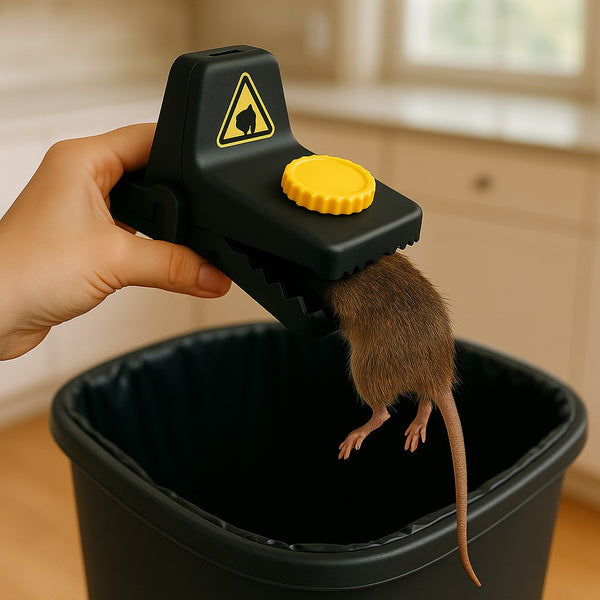Hand tipping a closed Jovia trap over the bin, the caught mouse dropping out without being touched