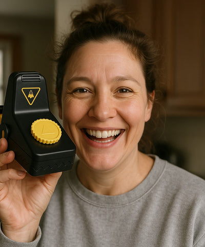 Laughing woman holding up a Jovia trap in her kitchen