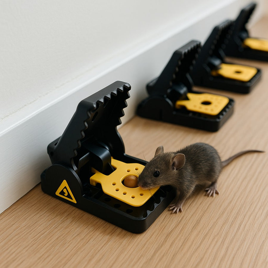 Mouse stepping onto the yellow trigger plate of an open Jovia trap to reach the bait cup