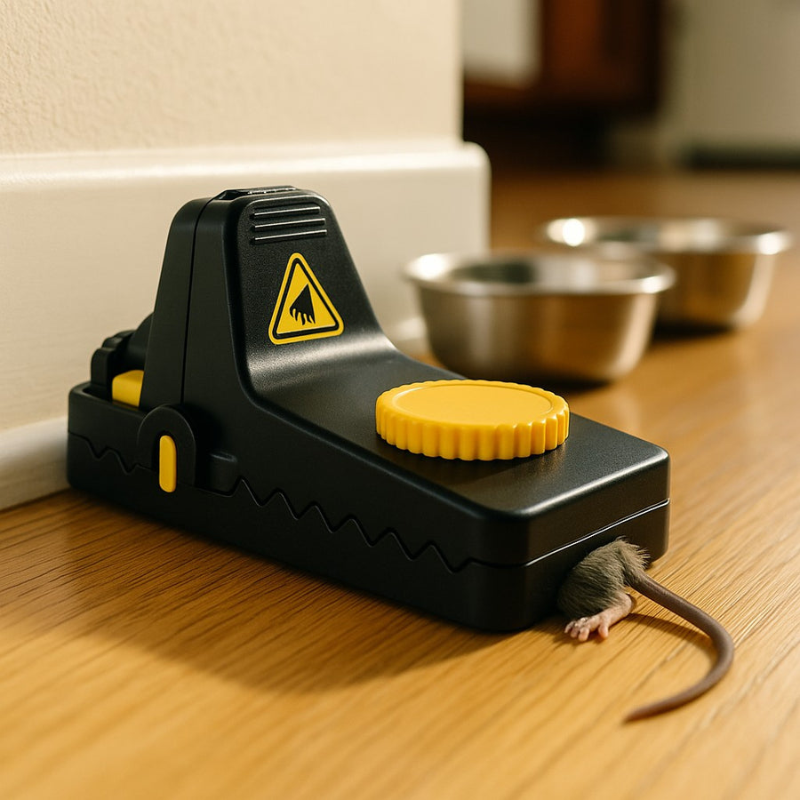 Jovia trap against the kitchen baseboard next to the dog bowls, snapped shut on a mouse