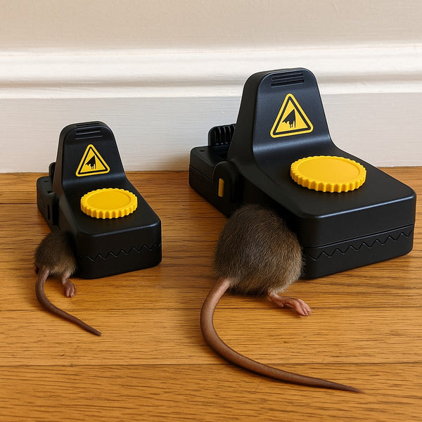 Small Jovia trap shut on a mouse and Large Jovia trap shut on a rat, side by side on a kitchen floor