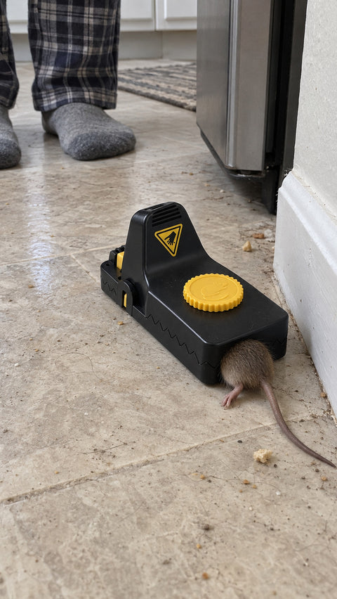 Jovia trap with a caught mouse on the kitchen floor by the baseboard