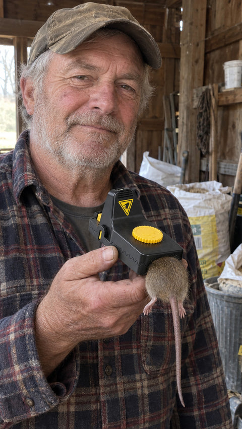 Older man in his barn holding a Jovia trap with a caught rat