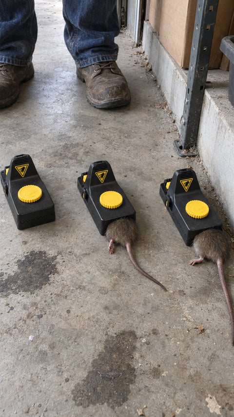 Three Jovia traps along a garage wall, two with caught rats