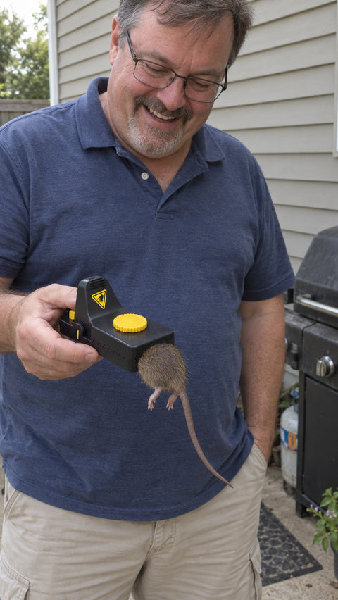 Man on his patio laughing at a Jovia trap with a caught rat