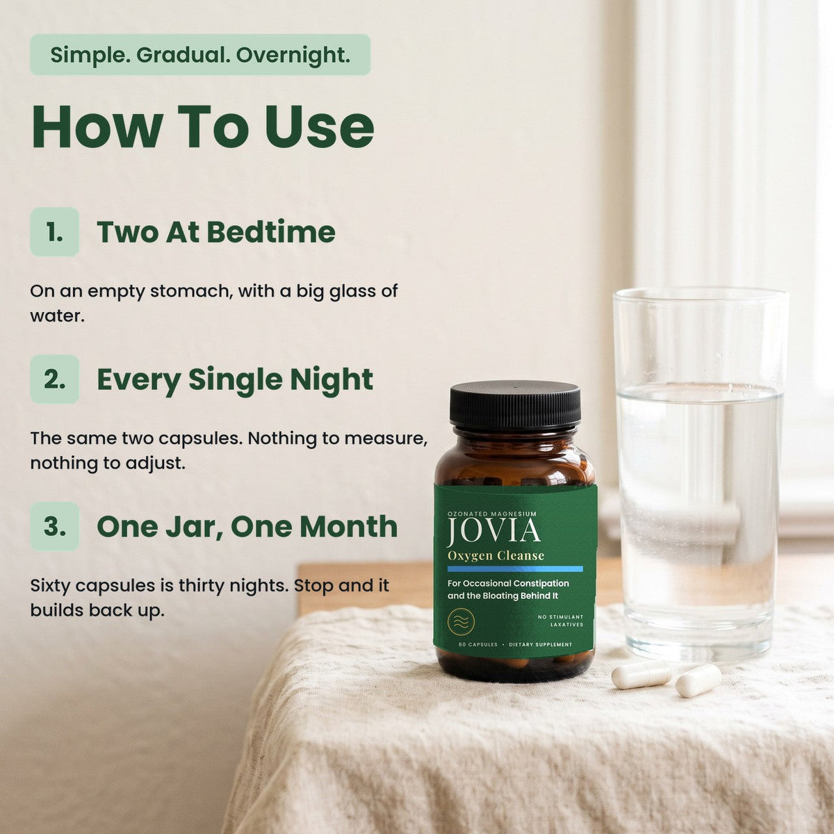 How to use Jovia Oxygen Cleanse: two capsules every night