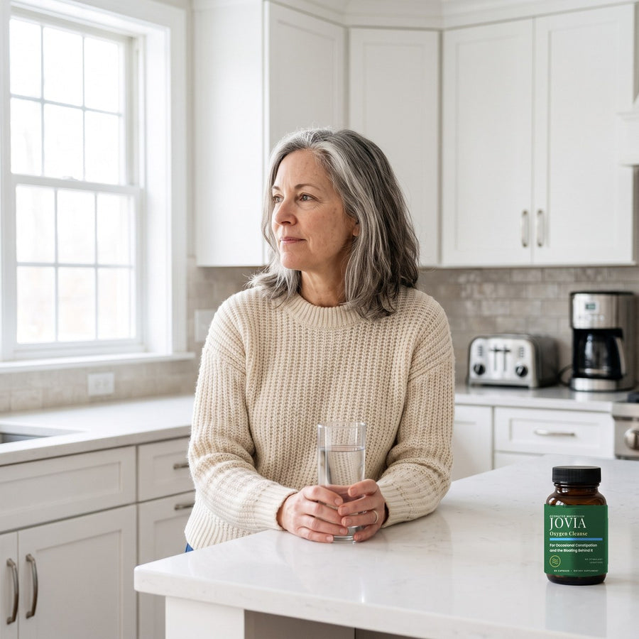 Woman in her fifties in a bright kitchen with a glass of water