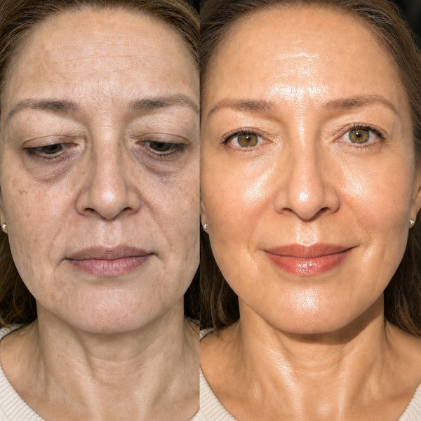 Dark circles and hollow under-eyes before, rested under-eyes after (illustrative image)